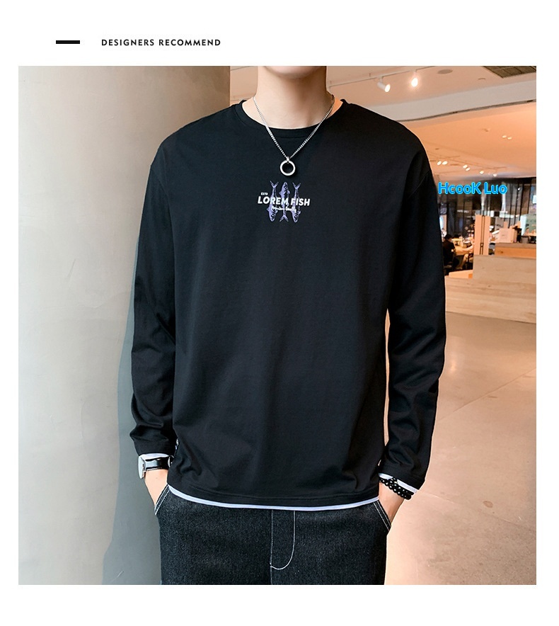 T-shirt à manches longues pour homme, collection printemps-automne, col rond tendance, coupe ample, patchwork de coton._voghion.com