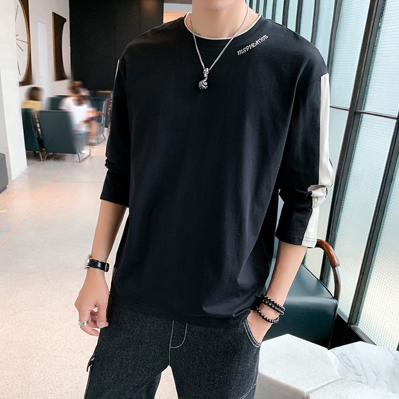 T-shirt à manches longues pour homme, collection printemps-automne, col rond tendance, coupe ample, patchwork de coton._voghion.com