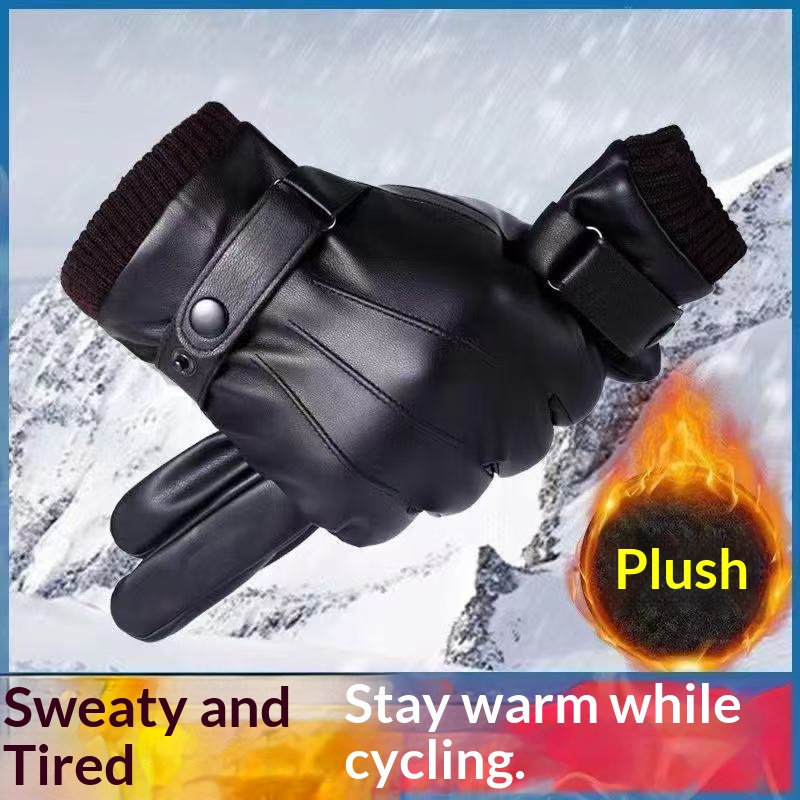 boy Boy Boy Cycling Men Women, Thickened Fleece-Lined, Warm Genuine Leath, Windproof And Watproof, Black Leath Gloves For_voghion.com