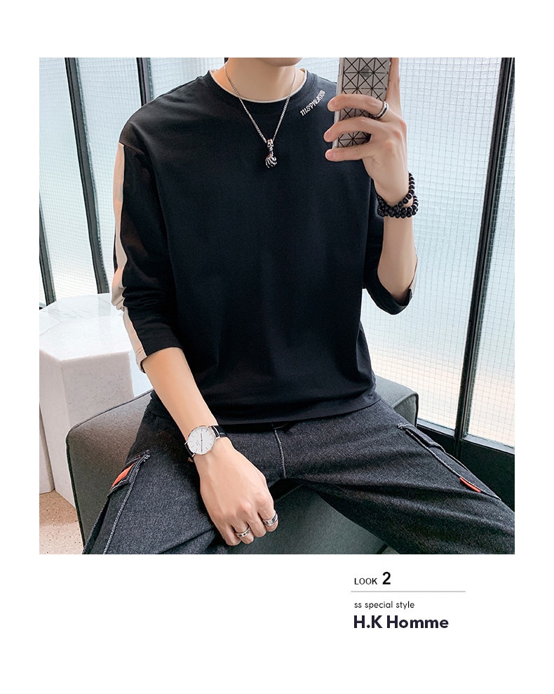 T-shirt à manches longues pour homme, collection printemps-automne, col rond tendance, coupe ample, patchwork de coton._voghion.com