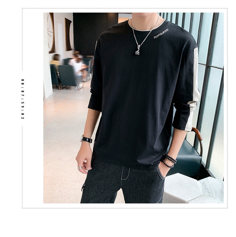 T-shirt à manches longues pour homme, collection printemps-automne, col rond tendance, coupe ample, patchwork de coton._voghion.com
