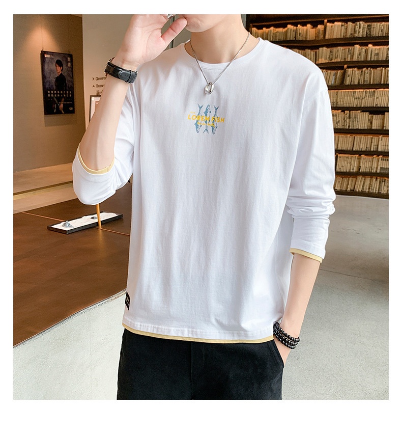 T-shirt à manches longues pour homme, collection printemps-automne, col rond tendance, coupe ample, patchwork de coton._voghion.com