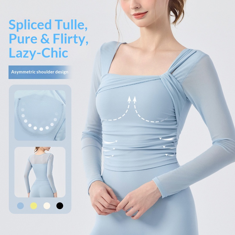 Surge Surge Surge Surge Yoga Long Sleeve Top For Women With Fixed Cups, Mesh Patchwork, Beautiful Back Design, Chest Pads, Slim Fit, Solid_voghion.com