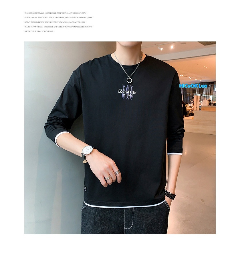 T-shirt à manches longues pour homme, collection printemps-automne, col rond tendance, coupe ample, patchwork de coton._voghion.com