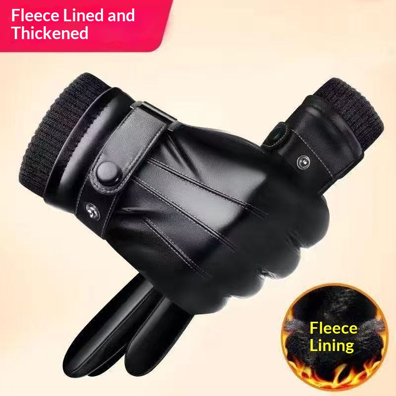 boy Boy Boy Cycling Men Women, Thickened Fleece-Lined, Warm Genuine Leath, Windproof And Watproof, Black Leath Gloves For_voghion.com