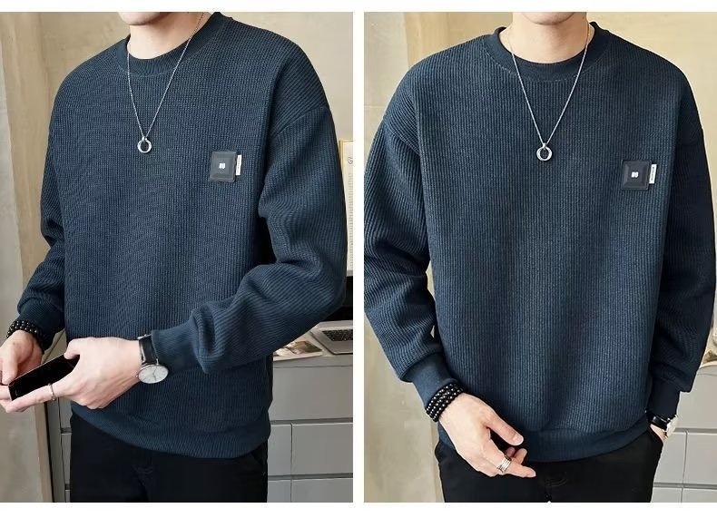 Sweat-shirt texturé pour homme, collection printemps-été, couleur unie, tendance 2023, coupe ample, col rond, style décontracté automne._voghion.com