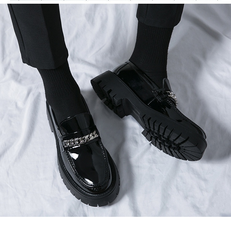 Voyage 2025 New Men's Large Toe Thick Sole Height Increasing Patent Leather Glossy Casual Chunky Heel Loafers Hairstylist_voghion.com