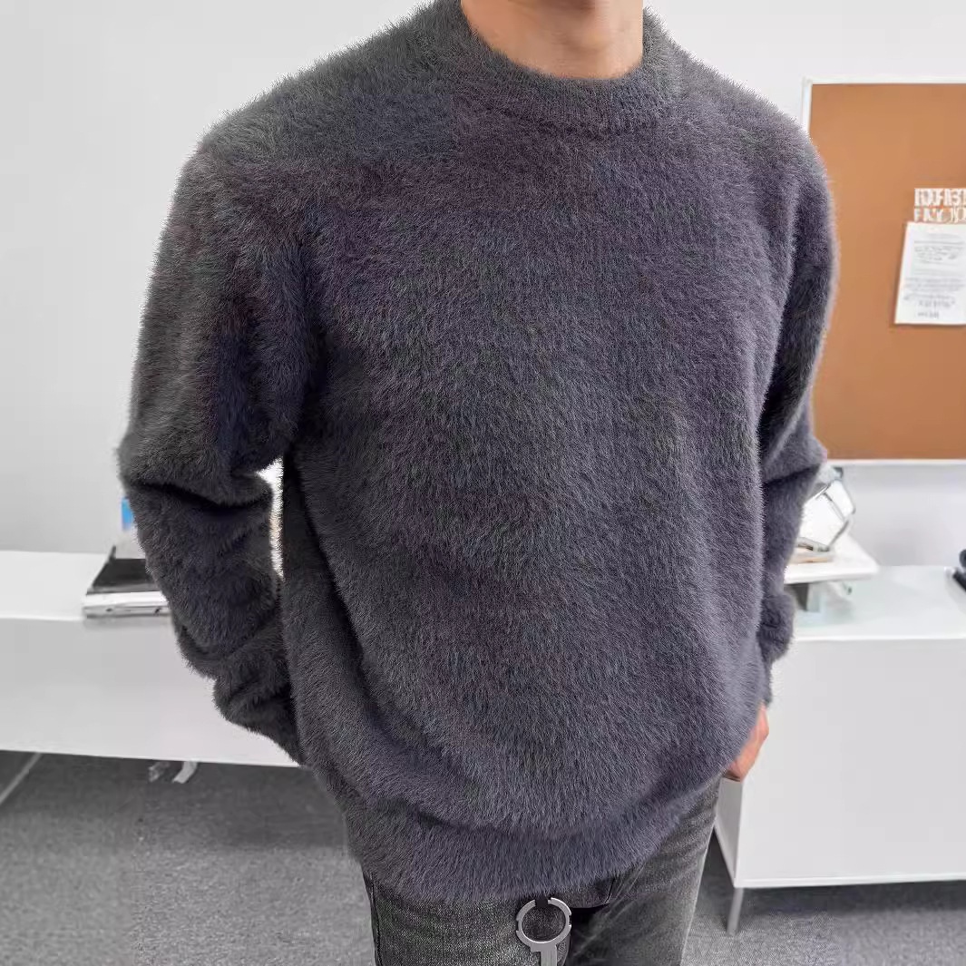 Maglione in lana di visone tinta unita con scollo rotondo, stile coreano, autunno e inverno, unisex, maglia larga_voghion.com