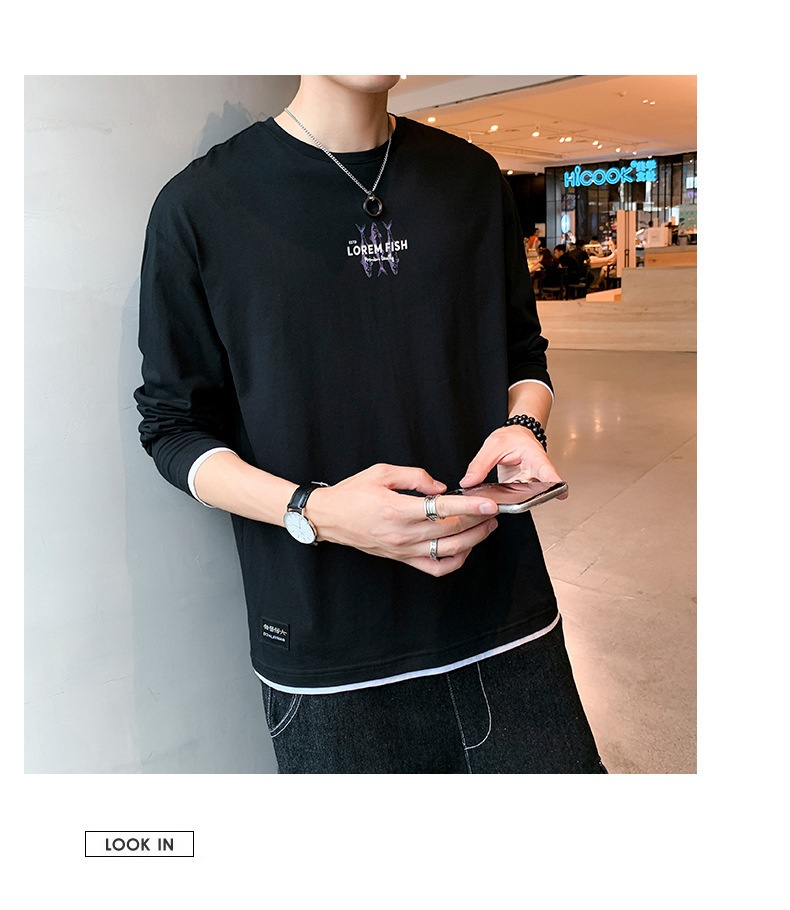 T-shirt à manches longues pour homme, collection printemps-automne, col rond tendance, coupe ample, patchwork de coton._voghion.com