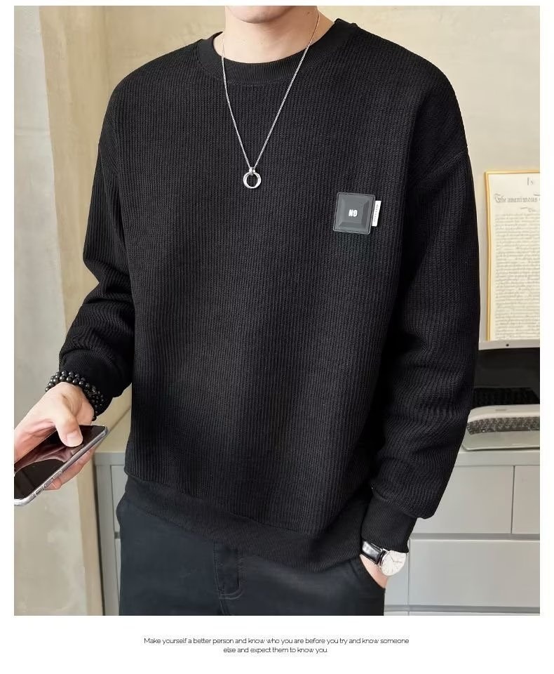 Sweat-shirt texturé pour homme, collection printemps-été, couleur unie, tendance 2023, coupe ample, col rond, style décontracté automne._voghion.com