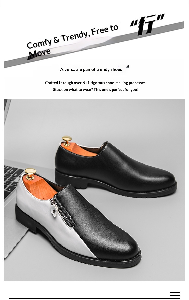 Voyage Spring Autumn Fashion Casual Leather Personality Black And White Two-tone Large Size Business Low-top Zipper Style_voghion.com