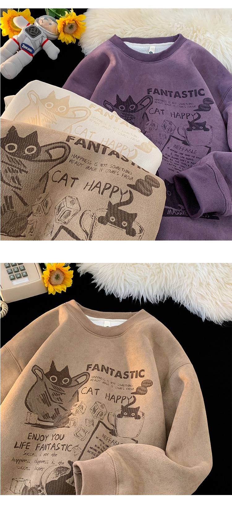 Sweat-shirt en daim épais doublé polaire à col rond pour homme, style américain, manches longues et amples, collection automne-hiver_voghion.com