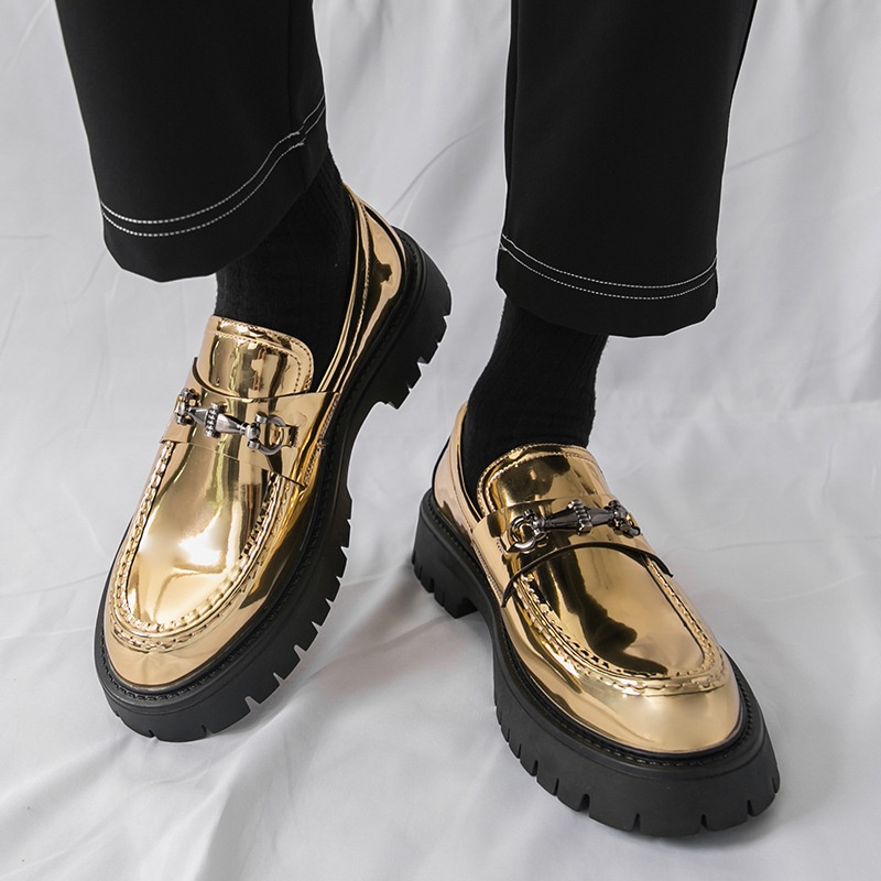 Voyage 2025 New Thick-Soled Height-Increasing Men's Large Patent Leather Glossy Casual Chunky Heel Loafers Hairstylist Trendy_voghion.com