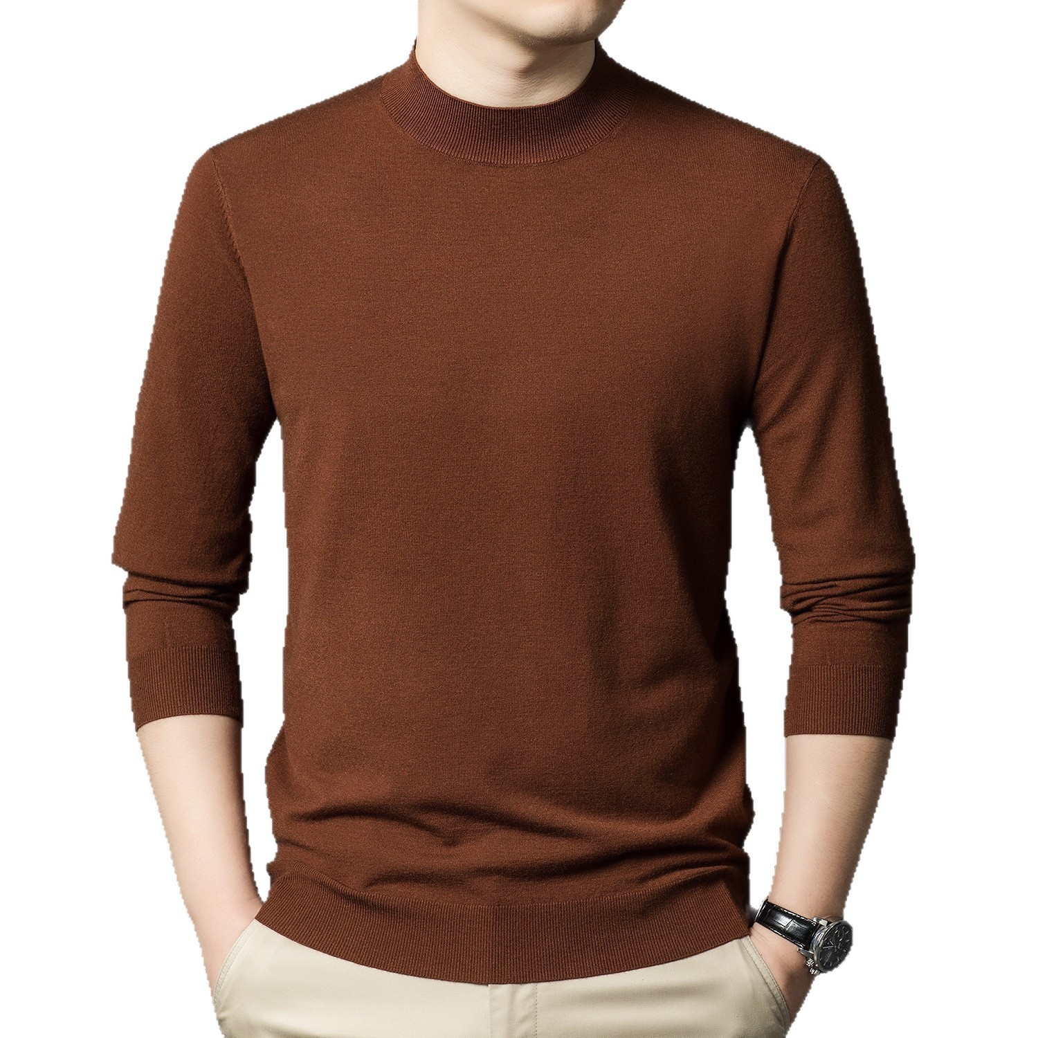 boy Boy Fine Knitted Men's Autumn Winter Half Turtleneck Casual Versatile Stretchy Warm Base Layer Wool Sweater_voghion.com