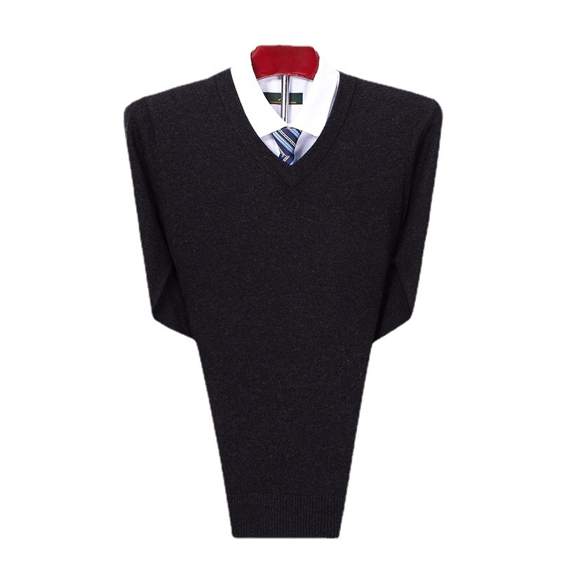 Maglione invernale in lana per uomo di mezza età, versatile, classico, con scollo a V, tinta unita, da uomo Boy Boy 2024_voghion.com