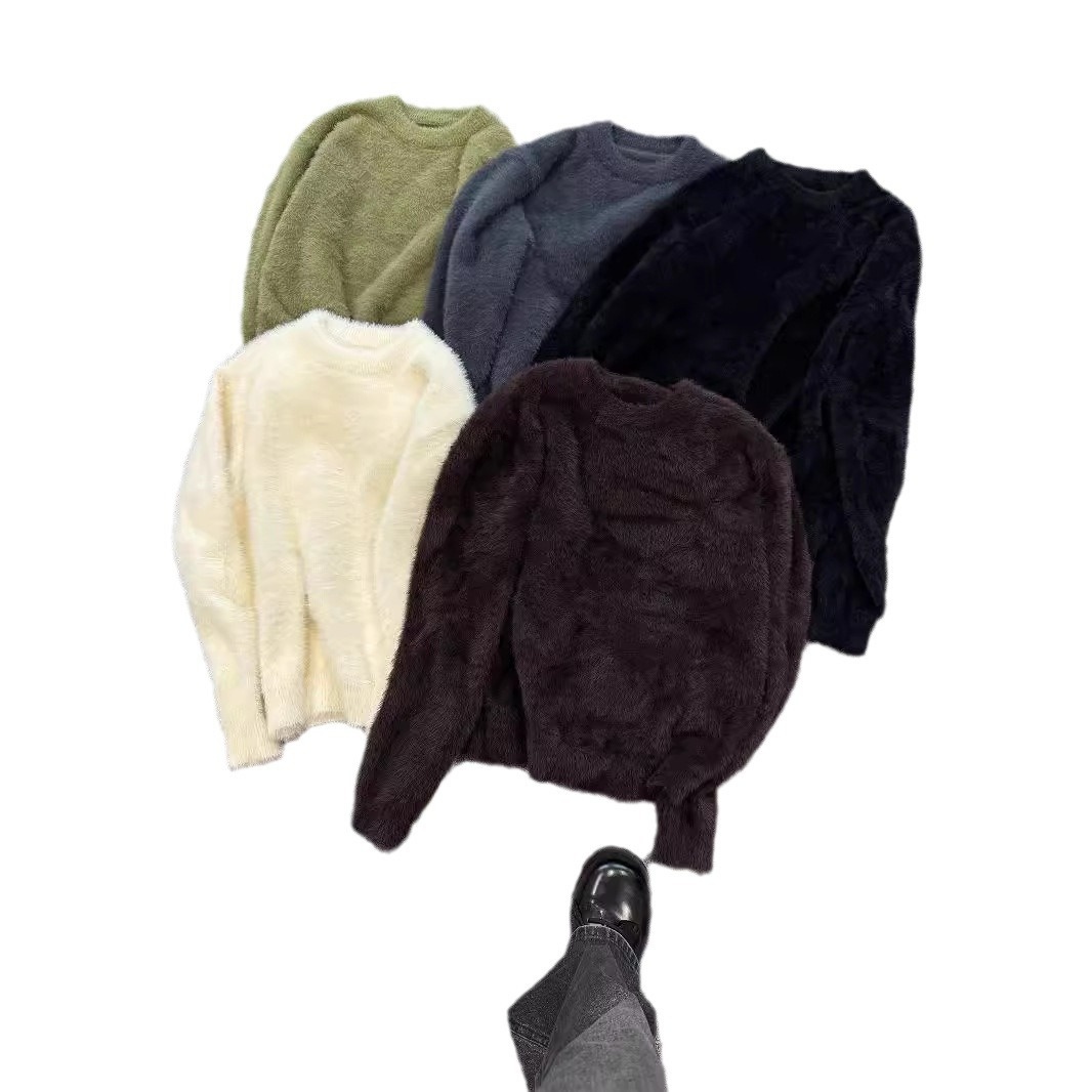 Maglione in lana di visone tinta unita con scollo rotondo, stile coreano, autunno e inverno, unisex, maglia larga_voghion.com