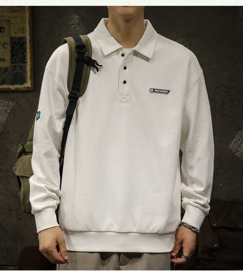 boy Boy American High Street Polo Shirt Men's Cotton Fleece Sweatshirt Long Sleeve Autumn Winter New White Turn-down Collar Top_voghion.com