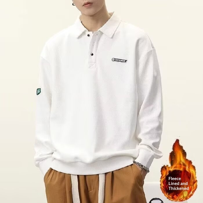 boy Boy American High Street Polo Shirt Men's Cotton Fleece Sweatshirt Long Sleeve Autumn Winter New White Turn-down Collar Top_voghion.com
