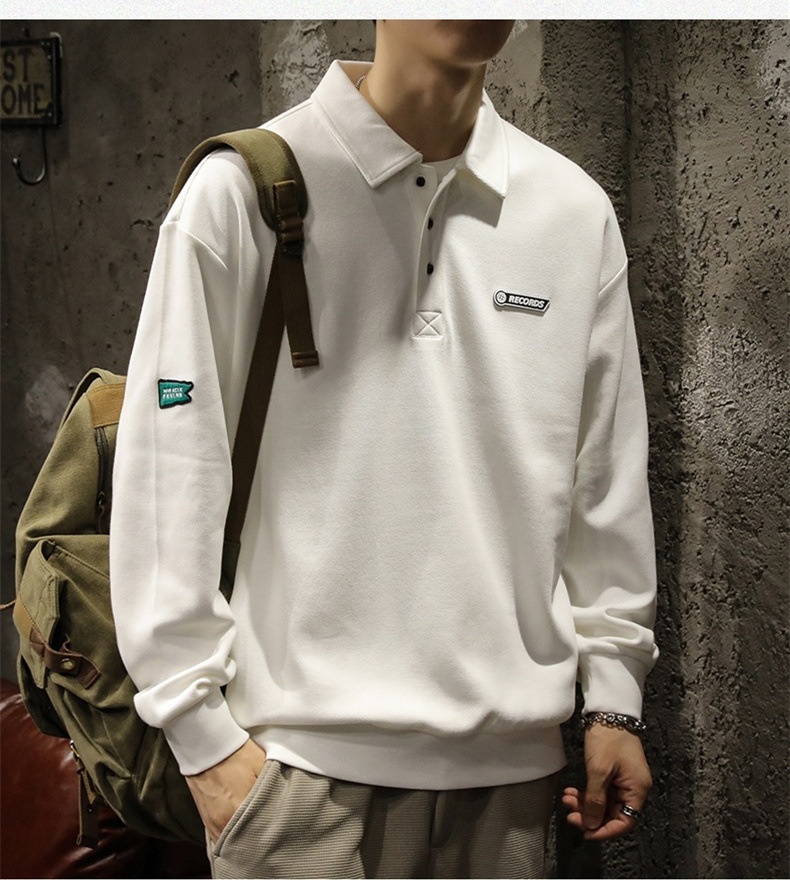 boy Boy American High Street Polo Shirt Men's Cotton Fleece Sweatshirt Long Sleeve Autumn Winter New White Turn-down Collar Top_voghion.com