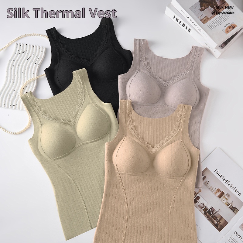 girl Autumn Winter Lace Lift Cashmere Silk Thermal Care Vest Brushed Heat Retention Warm Fleece With Chest Pad Base Layer_voghion.com