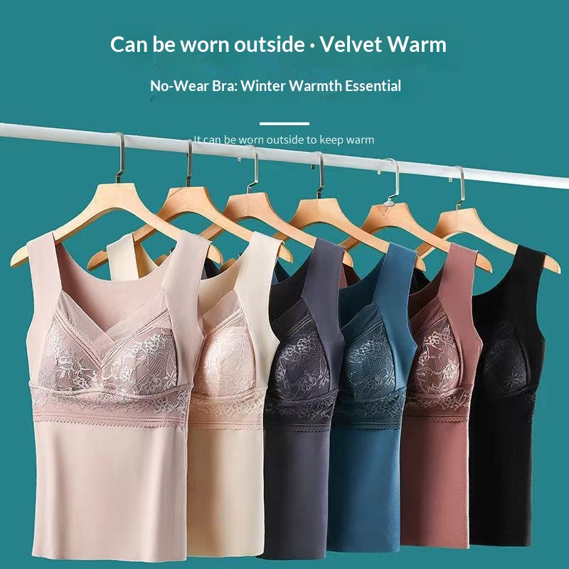 girl Autumn Winter Double-Sided Brushed Lace Vest For Women With Fixed Cups, Thickened Heating Seamless Thermal Underwear_voghion.com