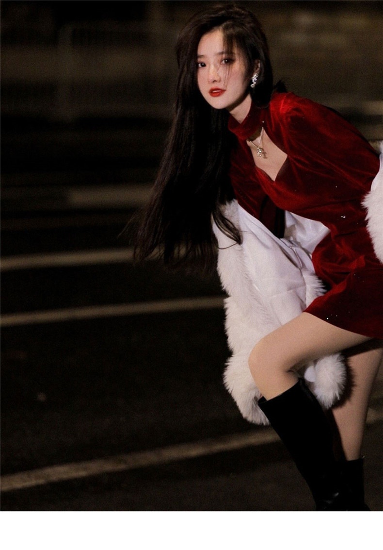 Robe courte ChicShe en velours rouge pour femme, style déesse, automne-Nouvel An, taille S/F, style Hepburn._voghion.com