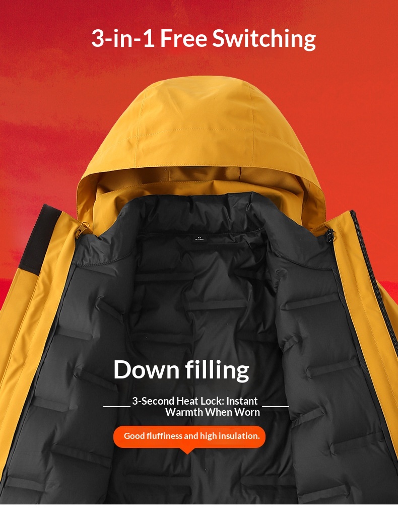 Boy Damen Drei-in-Eins Fleece-Daunenjacke mit wind- und wasserdichtem Futter für Outdoor-Reisen, geeignet für Damen und Herren, Kälteschutz_voghion.com