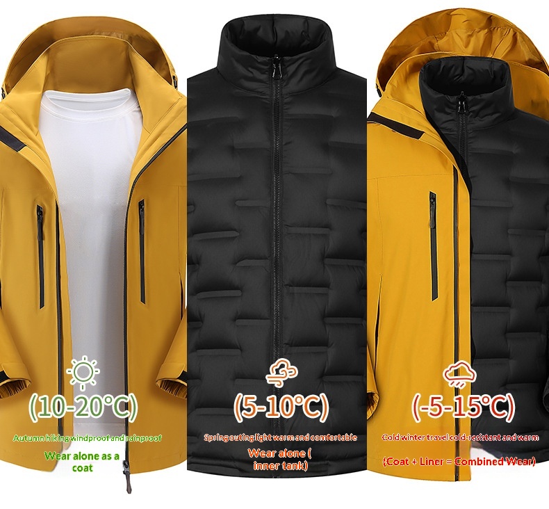 Boy Damen Drei-in-Eins Fleece-Daunenjacke mit wind- und wasserdichtem Futter für Outdoor-Reisen, geeignet für Damen und Herren, Kälteschutz_voghion.com