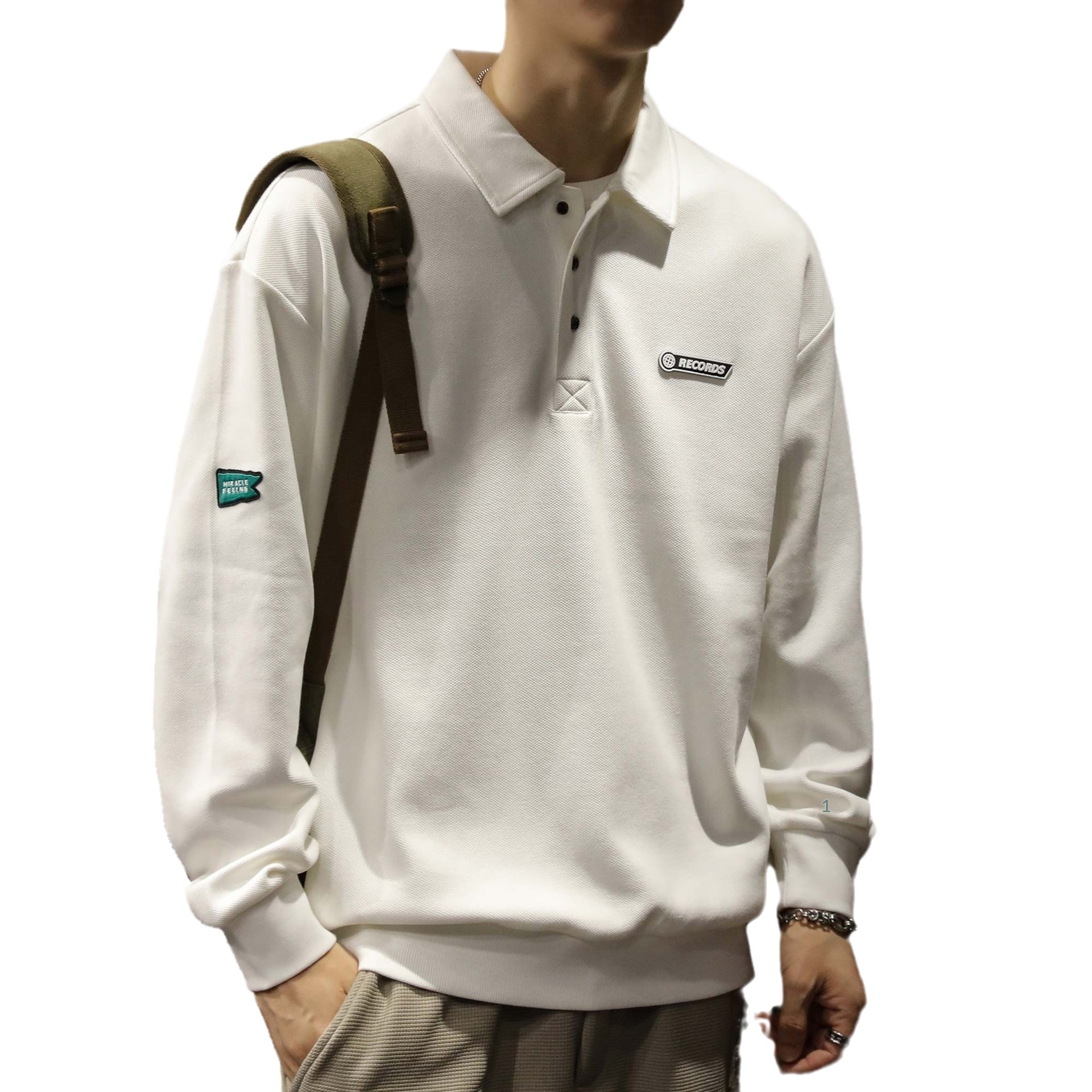 boy Boy American High Street Polo Shirt Men's Cotton Fleece Sweatshirt Long Sleeve Autumn Winter New White Turn-down Collar Top_voghion.com