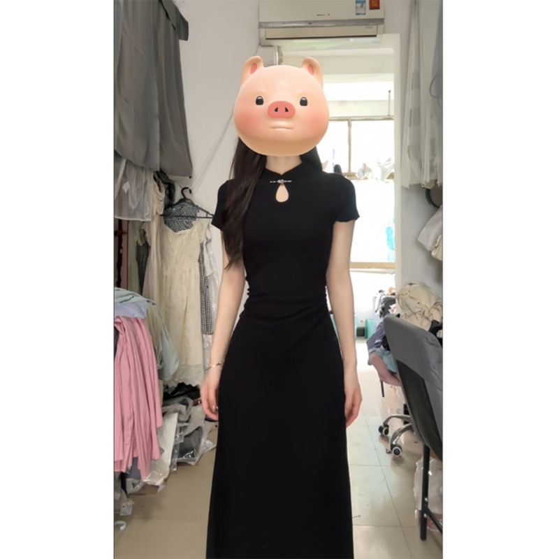 Cheongsam noir à manches courtes style traditionnel chinois ChicShe pour femme, collection été 2025, nouvelle taille S, coupe cintrée_voghion.com