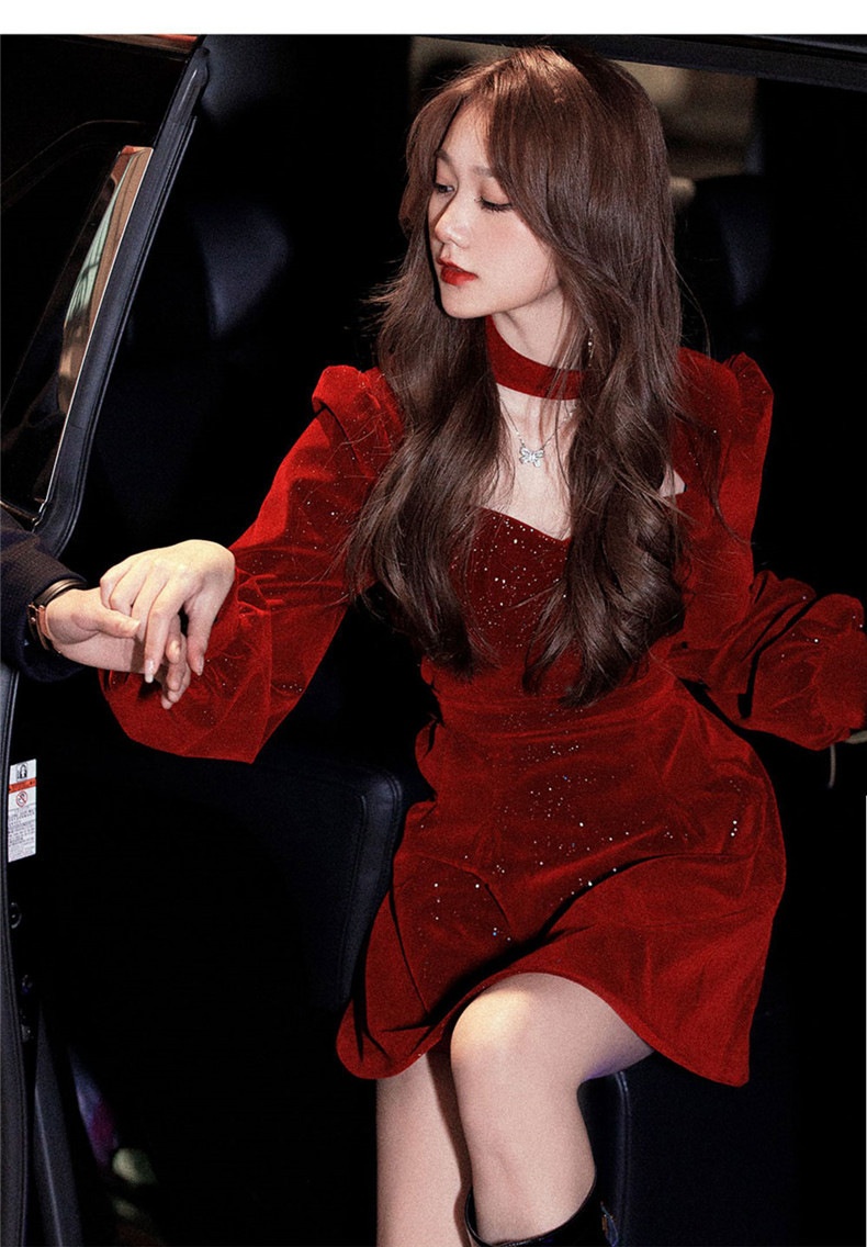 Robe courte ChicShe en velours rouge pour femme, style déesse, automne-Nouvel An, taille S/F, style Hepburn._voghion.com