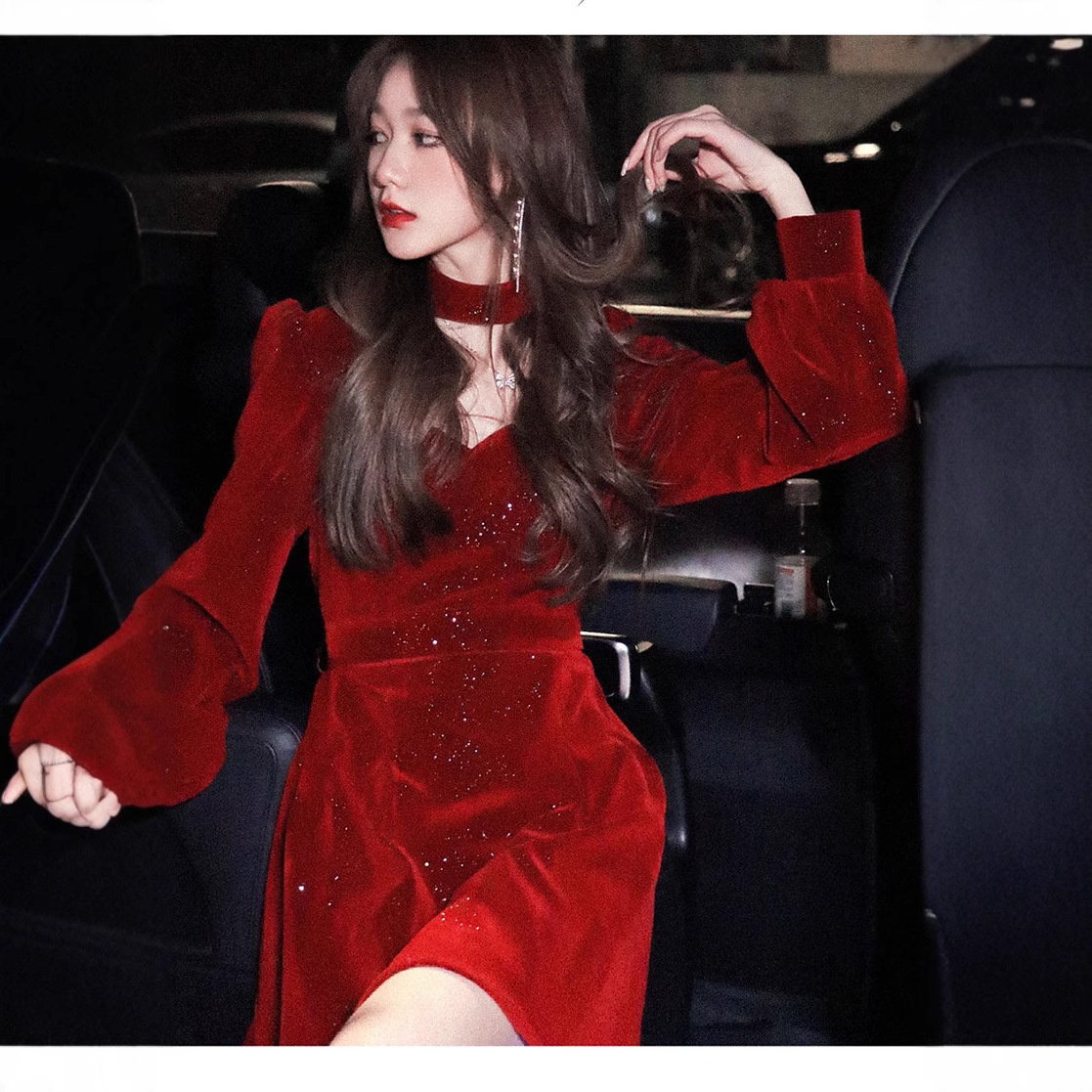 Robe courte ChicShe en velours rouge pour femme, style déesse, automne-Nouvel An, taille S/F, style Hepburn._voghion.com