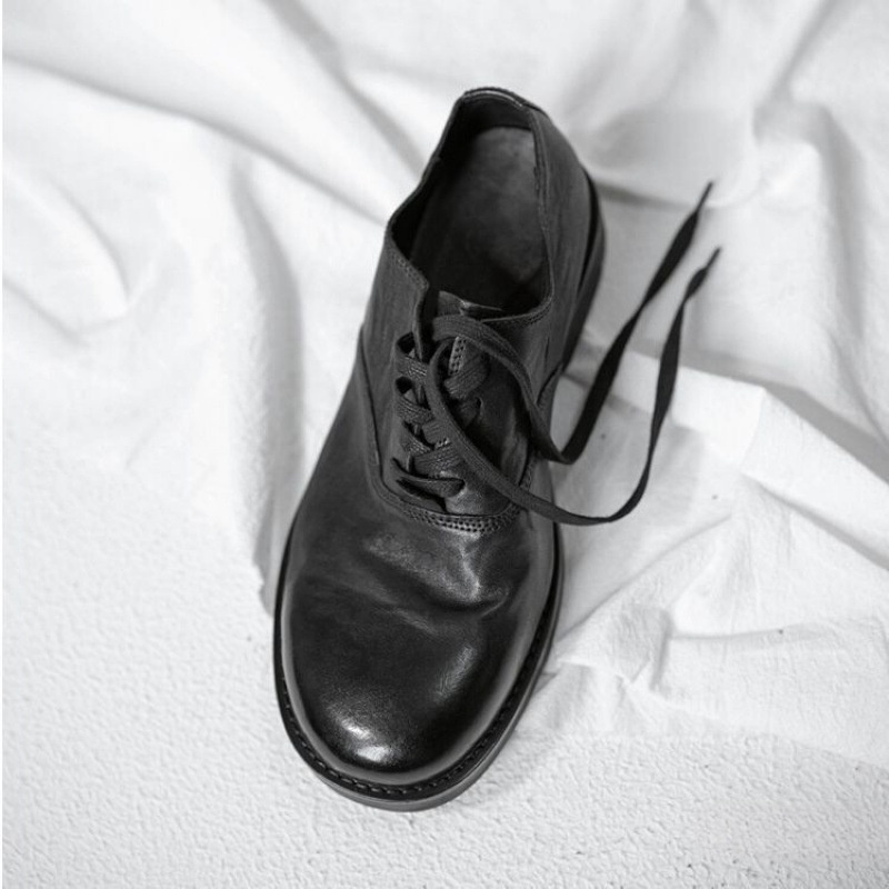 WalkPrime Japanese Retro For Men Dark Black Yamamoto Handmade Trendy Unique Vintage Genuine Leather Soft Cowhide Shoes Summer_voghion.com