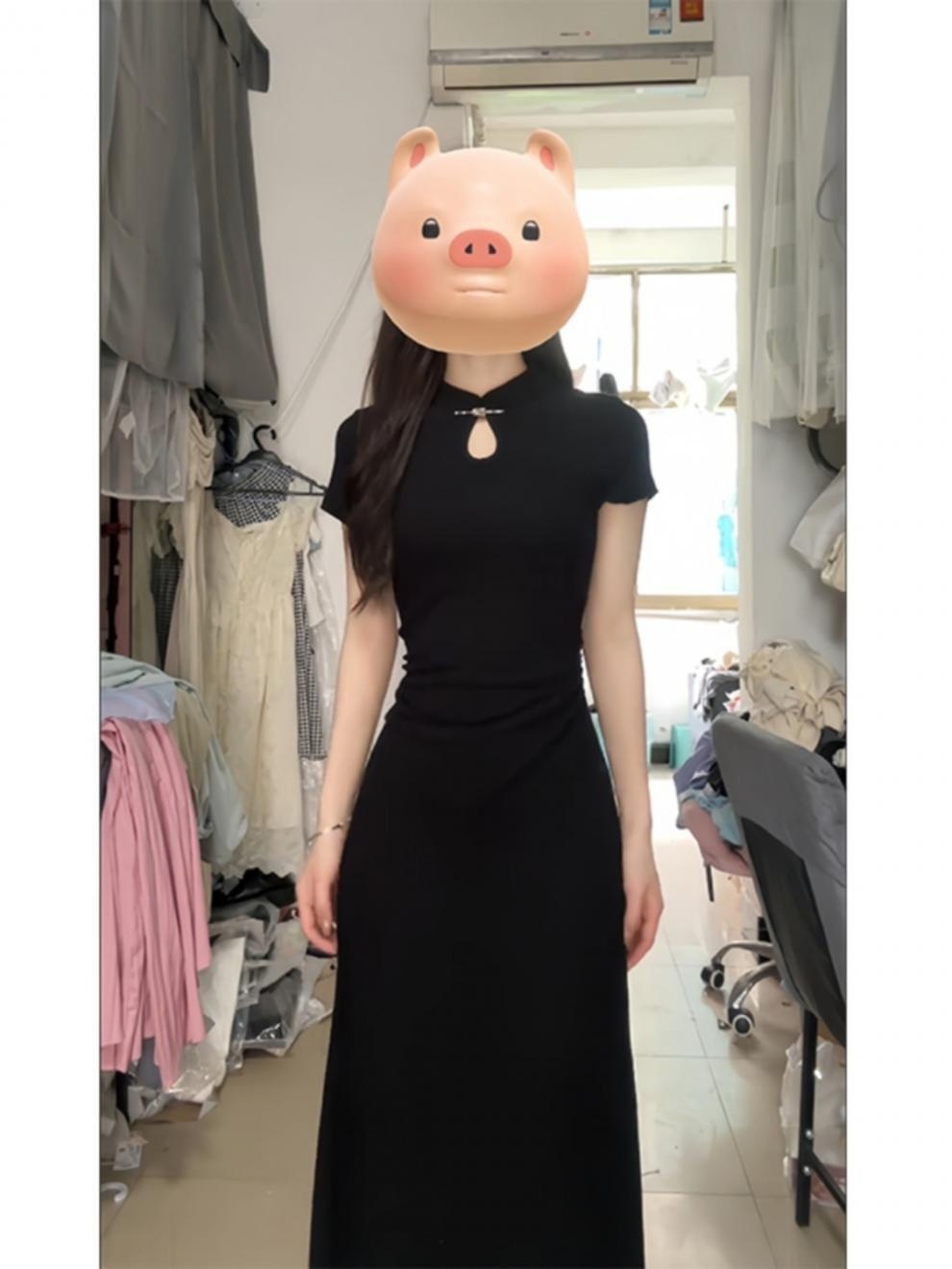 Cheongsam noir à manches courtes style traditionnel chinois ChicShe pour femme, collection été 2025, nouvelle taille S, coupe cintrée_voghion.com