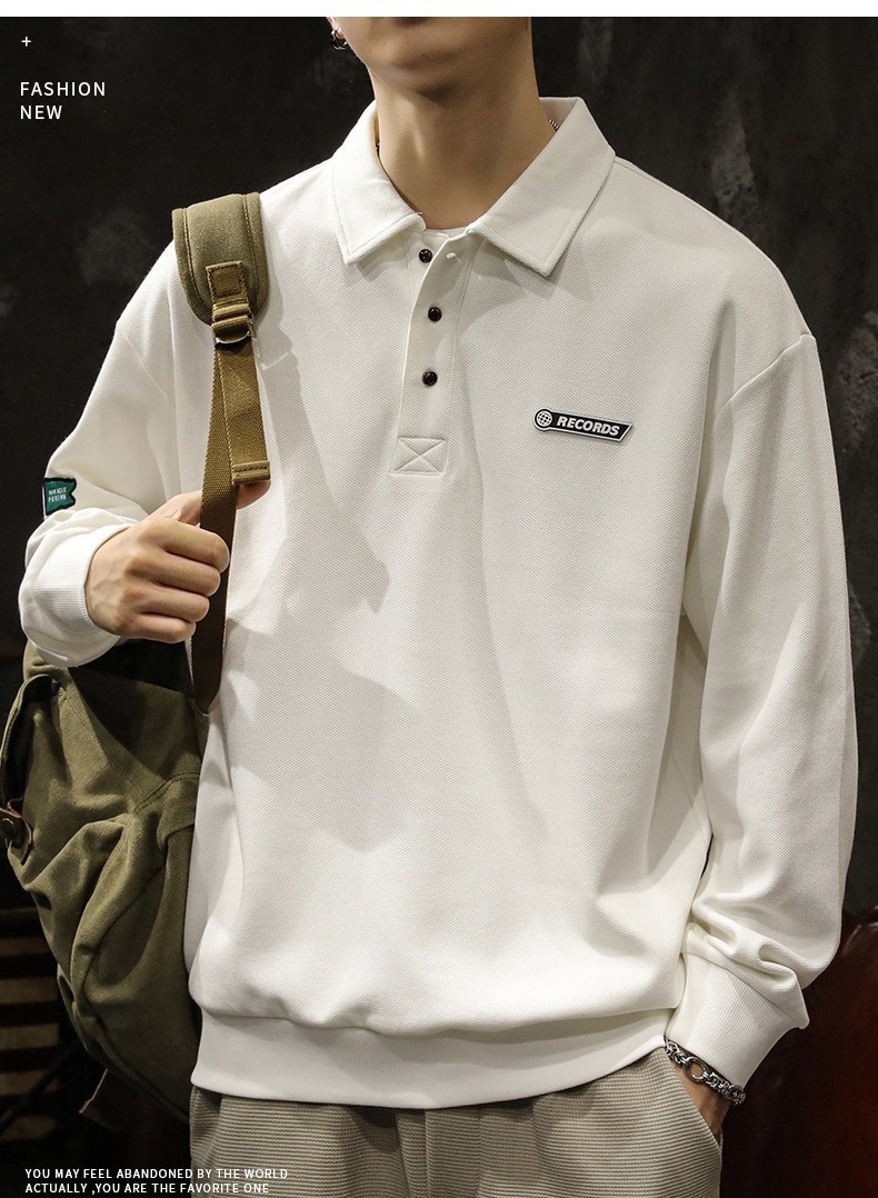 boy Boy American High Street Polo Shirt Men's Cotton Fleece Sweatshirt Long Sleeve Autumn Winter New White Turn-down Collar Top_voghion.com