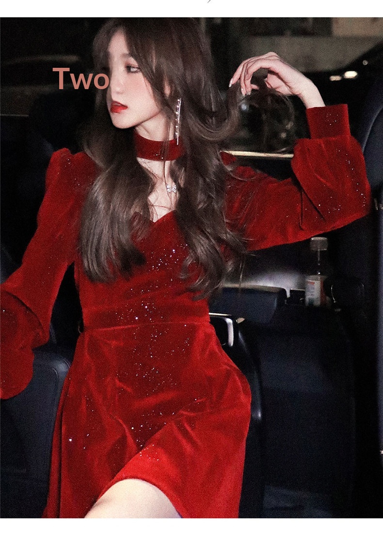 Robe courte ChicShe en velours rouge pour femme, style déesse, automne-Nouvel An, taille S/F, style Hepburn._voghion.com