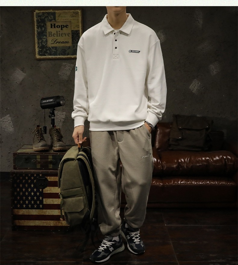 boy Boy American High Street Polo Shirt Men's Cotton Fleece Sweatshirt Long Sleeve Autumn Winter New White Turn-down Collar Top_voghion.com