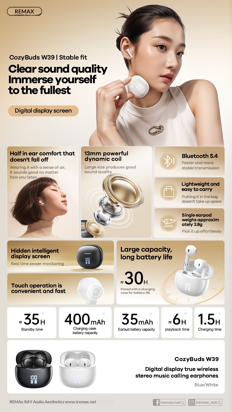 NeoGear NeoGear Remax Display Batteria a lunga durata Bluetooth 5.4 Cellulare Musica Auricolari wireless_voghion.com