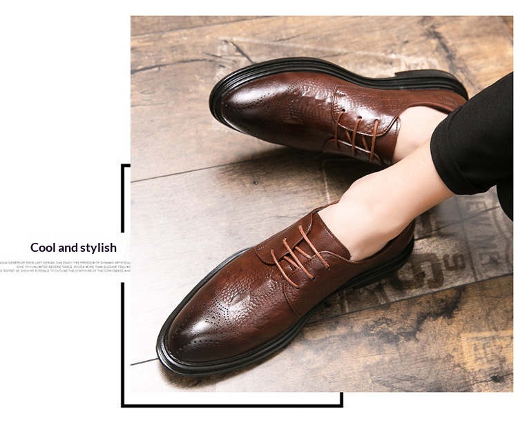 Sapatos casuais masculinos Voyage de cano baixo, bico fino, estilo brogue retrô, em couro, respiráveis e ideais para o outono e inverno._voghion.com