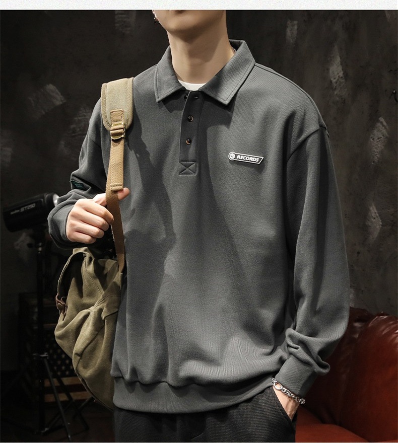 boy Boy American High Street Polo Shirt Men's Cotton Fleece Sweatshirt Long Sleeve Autumn Winter New White Turn-down Collar Top_voghion.com