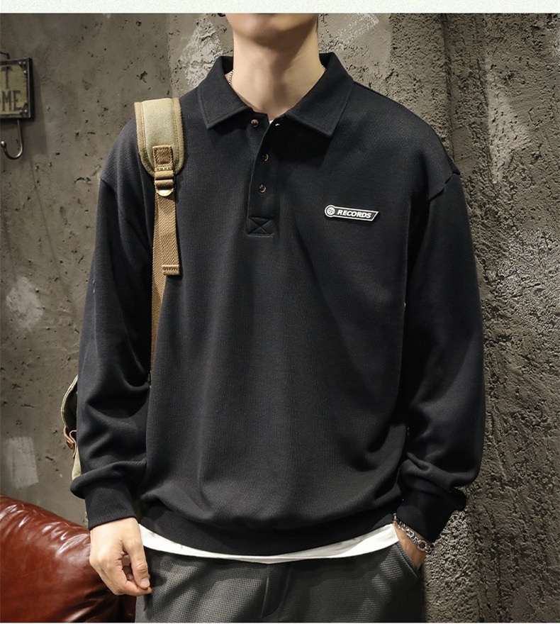 boy Boy American High Street Polo Shirt Men's Cotton Fleece Sweatshirt Long Sleeve Autumn Winter New White Turn-down Collar Top_voghion.com