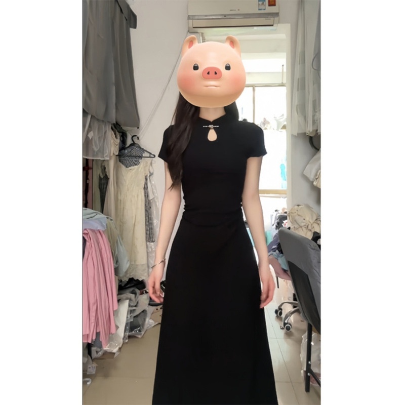 Cheongsam noir à manches courtes style traditionnel chinois ChicShe pour femme, collection été 2025, nouvelle taille S, coupe cintrée_voghion.com