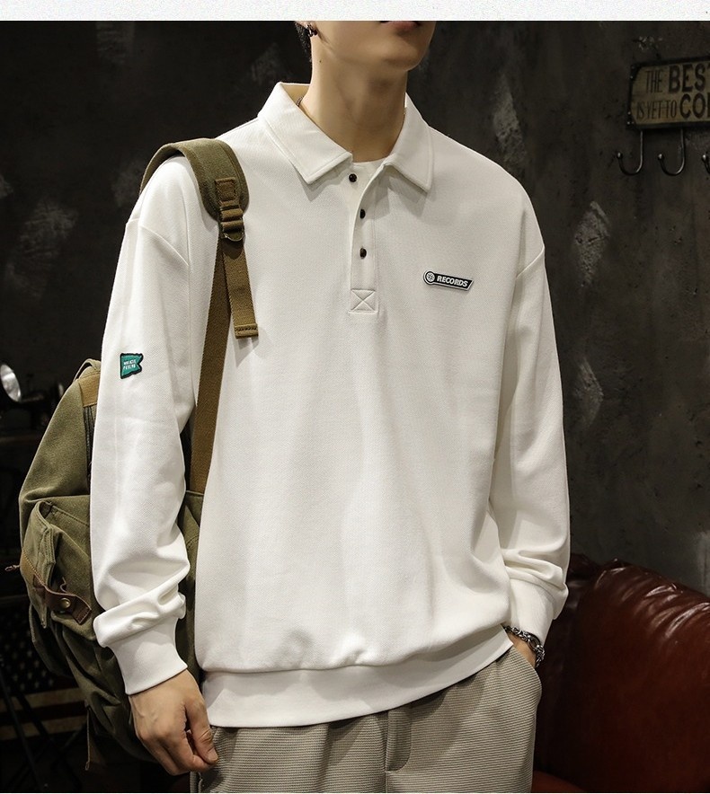 boy Boy American High Street Polo Shirt Men's Cotton Fleece Sweatshirt Long Sleeve Autumn Winter New White Turn-down Collar Top_voghion.com