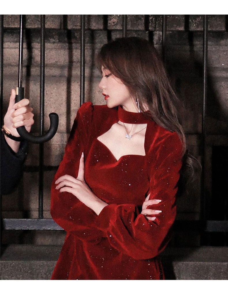 Robe courte ChicShe en velours rouge pour femme, style déesse, automne-Nouvel An, taille S/F, style Hepburn._voghion.com