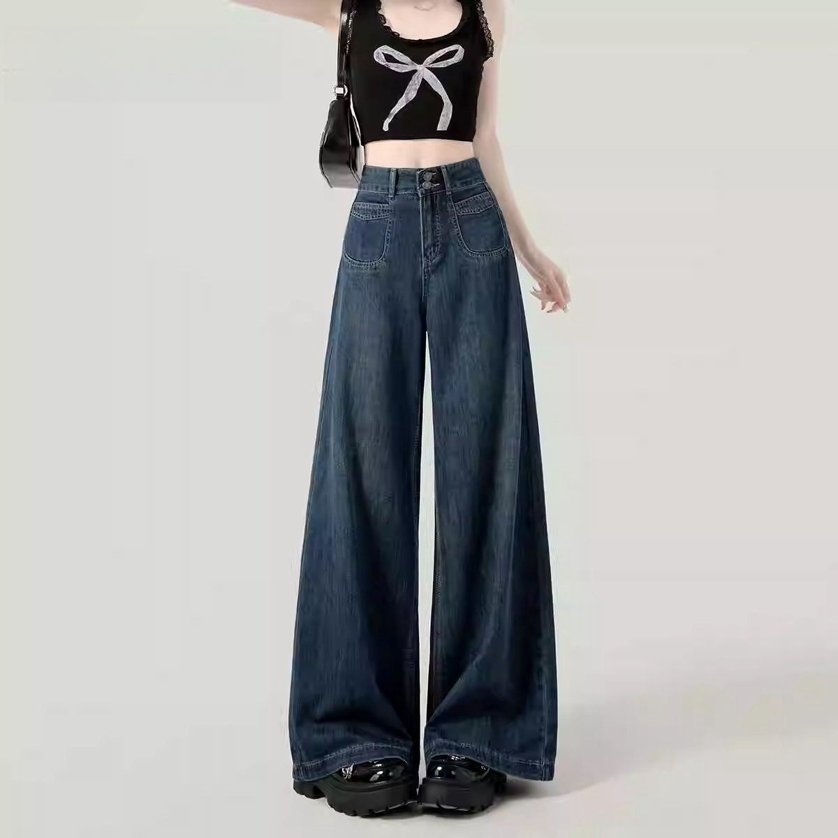 girl 2025 Dark Blue High Waist Wide Leg Jeans For Women Summer Versatile Slimming Loose Straight Pants Spring Autumn Style_voghion.com