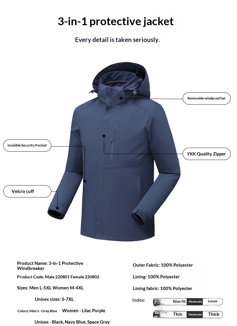 boy Boy New Outdoor Hiking 3-in-1 Jacket Men Windproof Waterproof Solid Color Two-Piece Set Women Coat Group Purchase Label_voghion.com