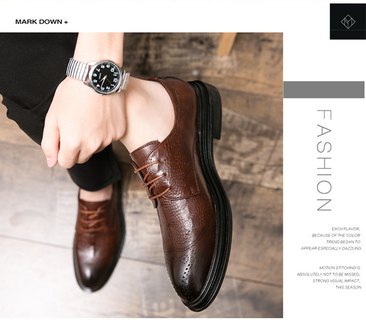 Sapatos casuais masculinos Voyage de cano baixo, bico fino, estilo brogue retrô, em couro, respiráveis e ideais para o outono e inverno._voghion.com