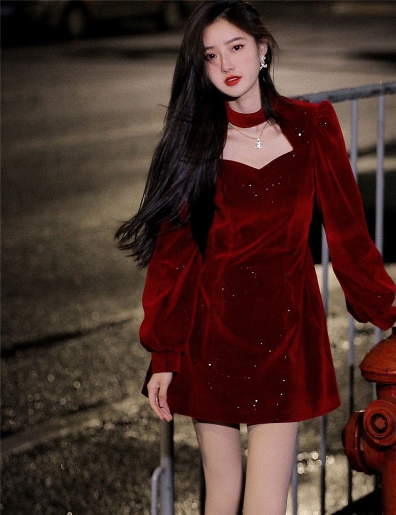 Robe courte ChicShe en velours rouge pour femme, style déesse, automne-Nouvel An, taille S/F, style Hepburn._voghion.com