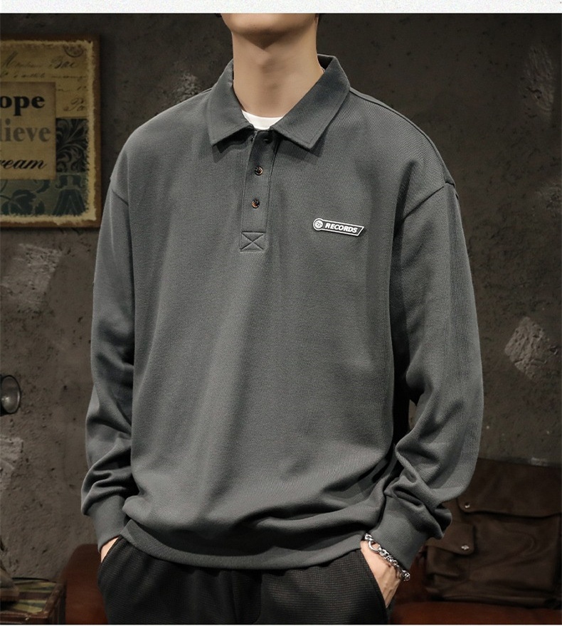 boy Boy American High Street Polo Shirt Men's Cotton Fleece Sweatshirt Long Sleeve Autumn Winter New White Turn-down Collar Top_voghion.com