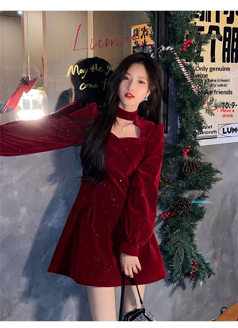 Robe courte ChicShe en velours rouge pour femme, style déesse, automne-Nouvel An, taille S/F, style Hepburn._voghion.com